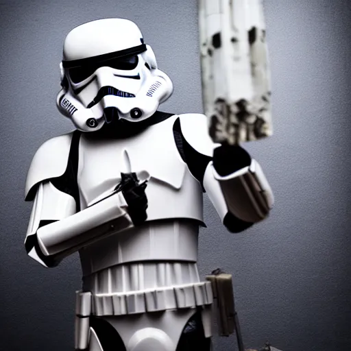 Image similar to a realistic photography of a storm trooper looking like a samurai, studio lighting