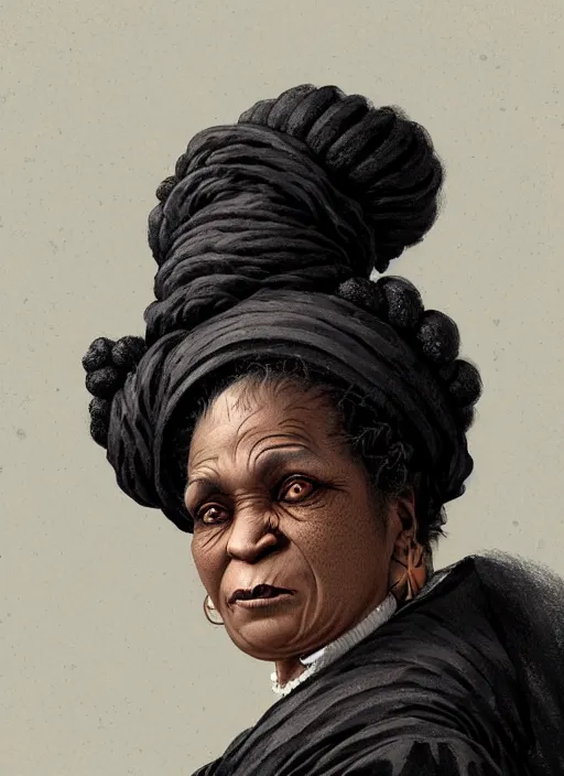 Image similar to a portrait of an old black woman with a crooked nose in victorian clothing, confident pose, intricate, elegant, sharp focus, illustration, highly detailed, concept art, matte, trending on artstation, anime, art by james jean and artgerm and brian despain and alberto mielgo, greg rutkowski, wlop, ilya kuvshinov, strong strokes