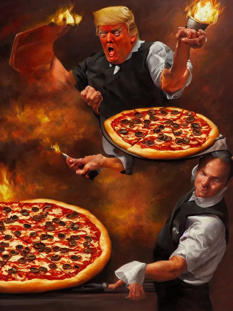 Prompt: trump making a pizza. epic dark fantasy horror stylized oil painting by ivan shiskin. trending on artstation