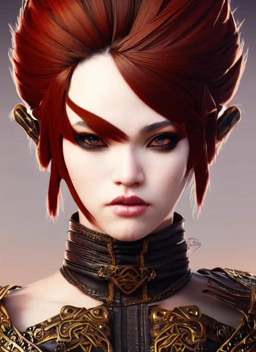 Image similar to rogue, fantasy ornate leather bandit outfit!!! beautiful and athletic short hair female!! gorgeous face and eyes!! character concept art, sharp focus, octane render! unreal engine 5! highly rendered!! trending on artstation!! detailed linework!! illustration by artgerm, chie yoshii, and wlop