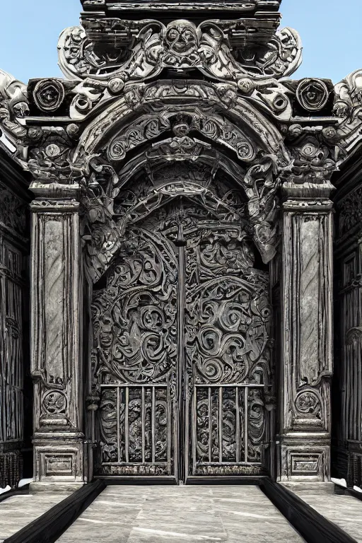 Image similar to ancient fantasy marble gate, neonpunk, mega structure, symmetric, intricate details, insanely detailed, insanely realistic, back lighting, 4 k, cinematic