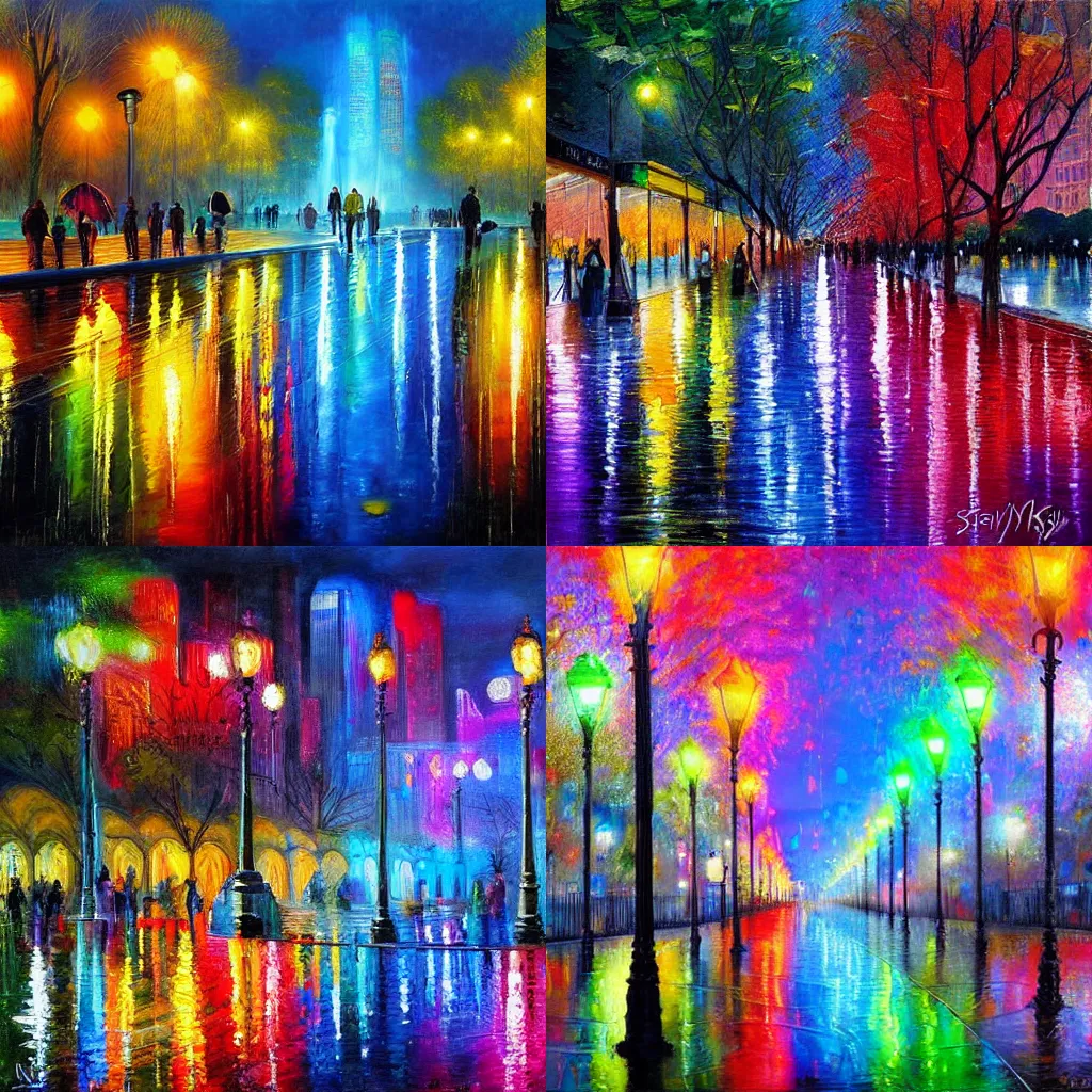 Prompt: colorful rain in central park after midnight. reflections everywhere. highly detailed painting by slava ilyayev.