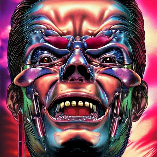 Image similar to portrait closeup of crazy terminator laughing, symmetrical, cinematic colors, by yoichi hatakenaka, masamune shirow, josan gonzales and dan mumford, ayami kojima, takato yamamoto, barclay shaw, karol bak, yukito kishiro