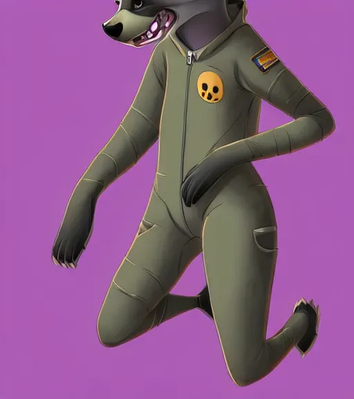 Image similar to digital detailed full body of anthromorphic female hyena, in style of zootopia, fursona, furry, furaffinity, 4 k, deviantart, wearing astronaut outfit, in style of zootopia, floating in space, space background, in deep space, dark background, hyena fursona, cyberpunk, female, detailed face,