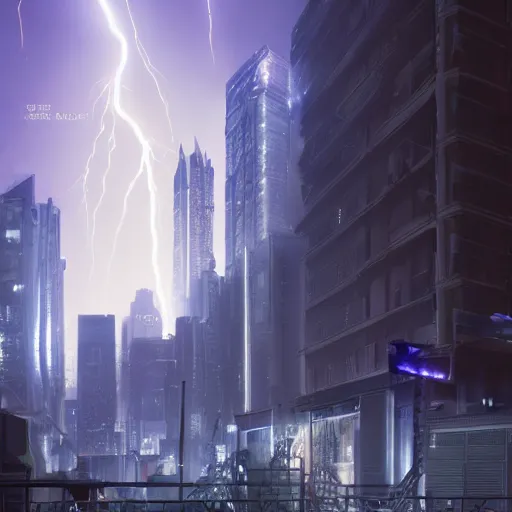 Prompt: cityscape during a lightning storm, futuristic, 8k, ray tracing, volumetric lighting, james verbicky, professional, concept art, artstation hd, trending on social media,