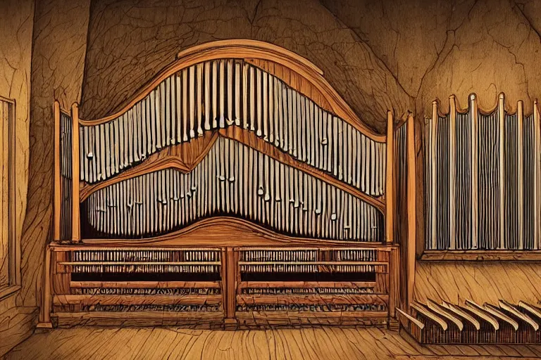 Prompt: A cell animation of a magical pipe organ made of wood, Miyazaki Hayao, ghibli style, illustration, anime, trending on artstaion