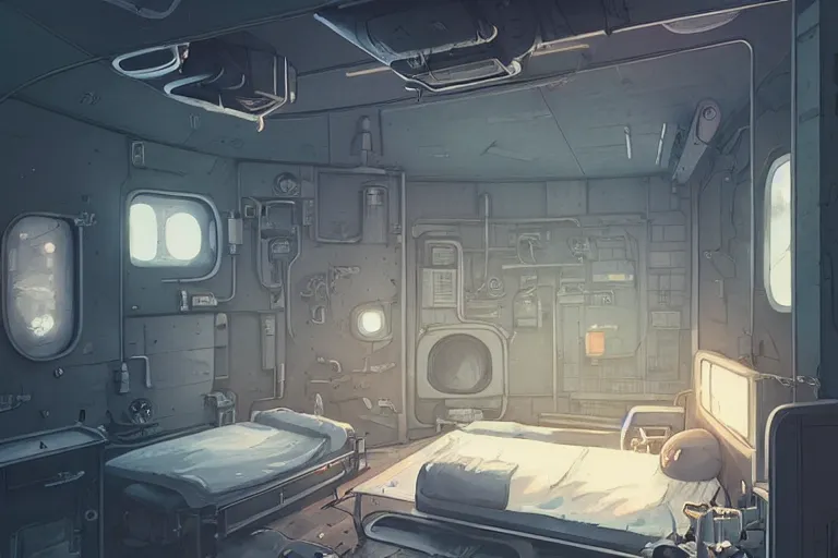 Prompt: single bedroom quarters inside 1960s rocket ship with gray metallic factory engine walls, details, sharp focus, intricate, high definition, retro, sci-fi, digital Art, 3D, Jordan Grimmer, greg rutkowski, WLOP, Studio Ghibli,