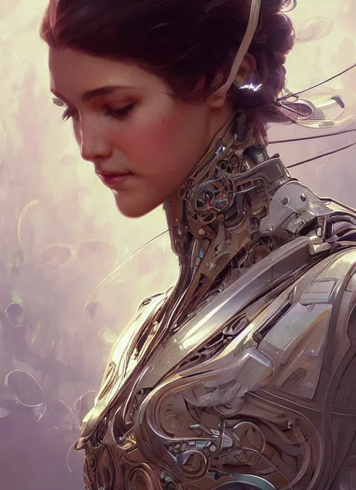 Prompt: cybernetic, intricate, elegant, highly detailed, digital painting, artstation, concept art, smooth, sharp focus, illustration, art by artgerm and greg rutkowski and alphonse mucha