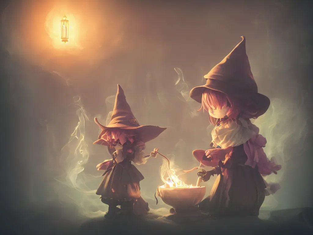 Prompt: cute fumo plush girl witch stirring a cauldron swirling with strange energy, ominous cauldron of glowing potion, eldritch tattered gothic horror maiden, smoke and volumetric fog, witch girl, soothsayer, lens flare glow, vray