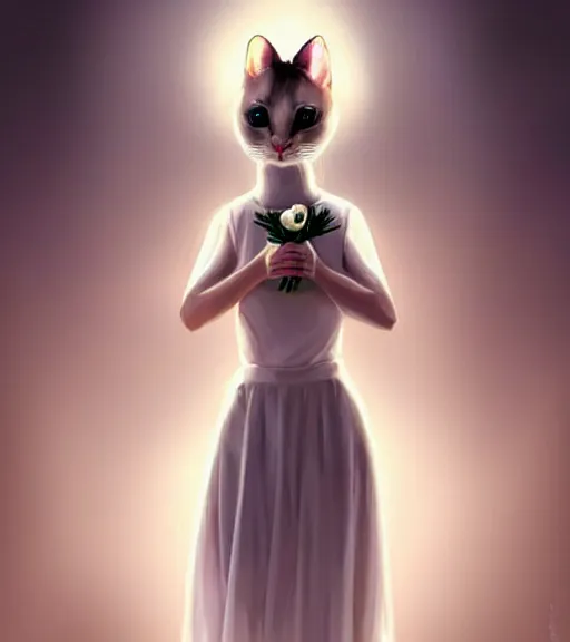 Image similar to symmetry!! anthropomorphic cat ballerina in a white dress holding rose, solid cube of light, hard edges, intricate, elegant, highly detailed, digital painting, artstation, concept art, smooth, sharp focus, illustration, dreamlike, art by artgerm