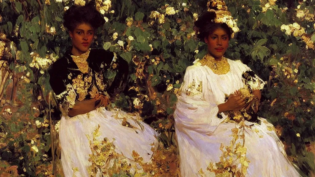 Image similar to high quality high detail painting by ilya repin and john singer sargent, black woman in a white room with many plants, intricate costume design, orientalist, partially gold, ornate, elite, luxury, hd