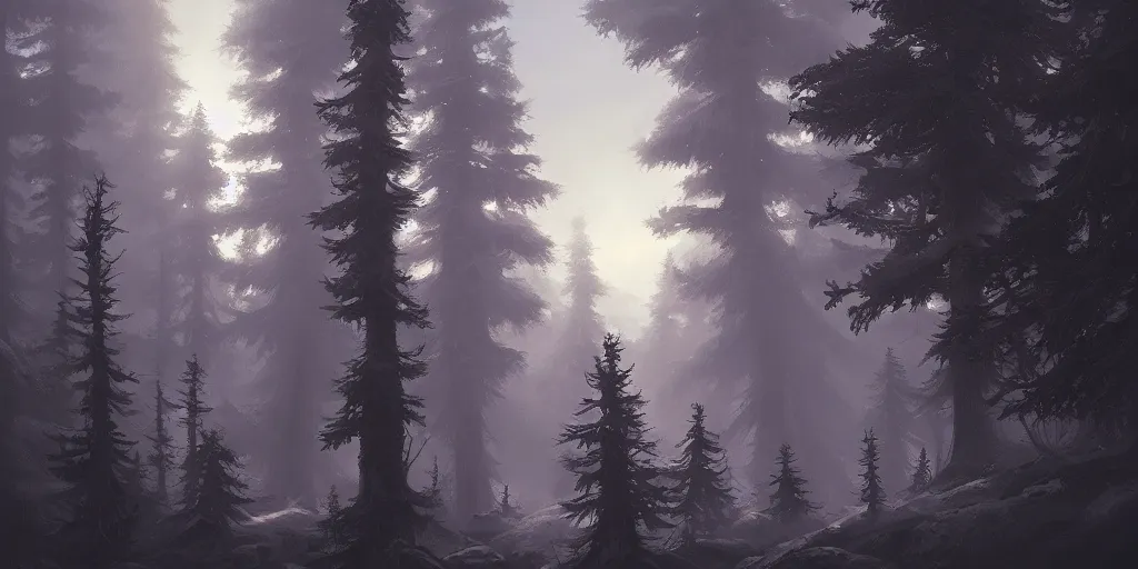 Prompt: group of pine trees in the evening by andreas rocha, by justin gerard, by anato finnstark