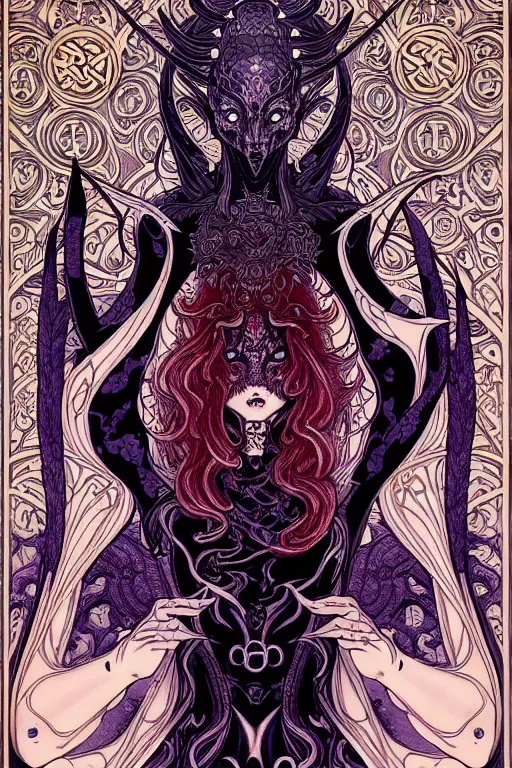 Image similar to demon, occult design with ornate pattern background, intricate linework, in the style of moebius, ayami kojima, 9 0's anime, retro fantasy