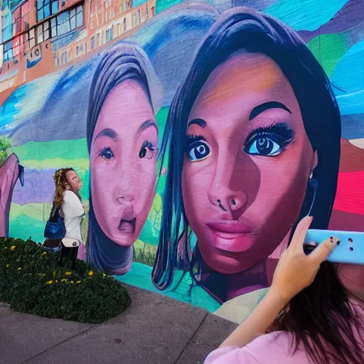 Image similar to A girl taking a selfie in front of a giant mural that says 'Back to Reality'