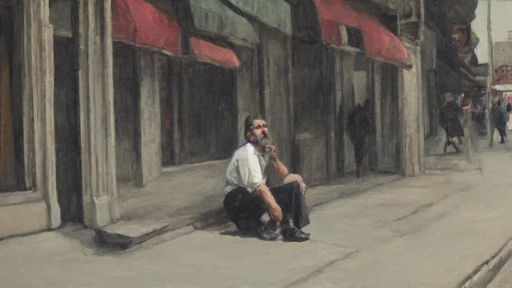 Prompt: man sitting in the street. realism