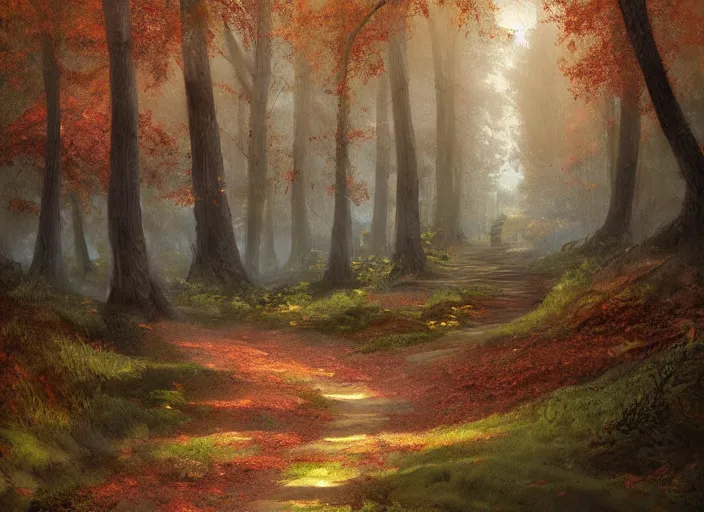 Image similar to A beautiful pathway in a forest, lush trees, in fall, a fantasy digital painting by Greg Rutkowski and James Gurney, trending on Artstation, highly detailed