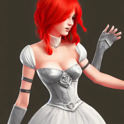 Prompt: a woman wearing a princess outfit, full body shot, red hair, highly detailed, digital painting, artstation, concept art, smooth, sharp focus, illustration