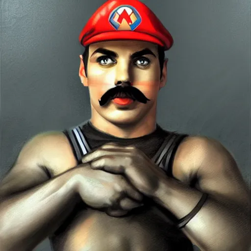 Prompt: portrait of a very buff freddie mercury playing super mario brother in team fortress 2 style, epic, tragic, military art, fantasy, dieselpunk, hd shot, digital portrait, beautiful, artstation, comic style, by artgerm, guy denning, jakub rozalski, magali villeneuve and charlie bowater