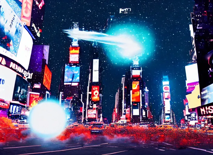 Image similar to film still of the moon shattering into pieces exploding moon over time square in the new disaster, 8 k, night time