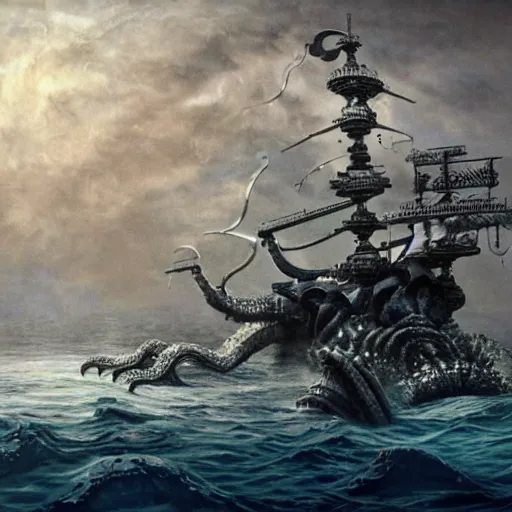 Prompt: a kraken eating a battleship at the ocean