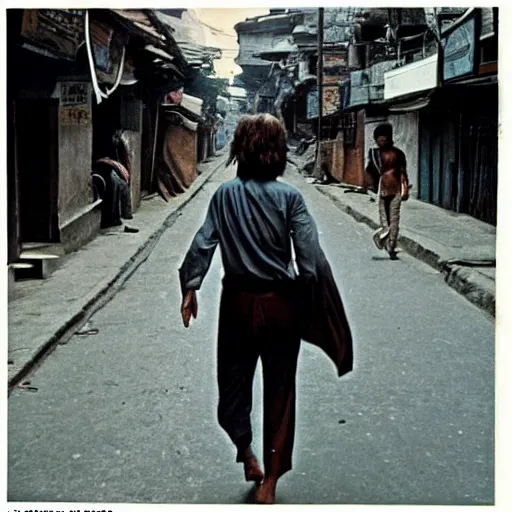 Image similar to john lennon walking barefoot on the streets of kathmandu, 1970s vintage photo
