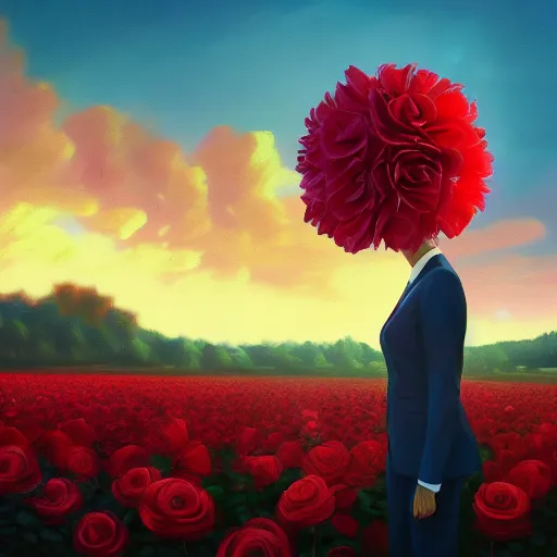 Image similar to closeup, giant rose flower head, frontal, girl in suit, surreal photography, sunrise, blue sky, dramatic light, impressionist painting, digital painting, artstation, simon stalenhag