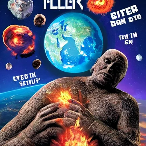 Prompt: Film publicity poster for comic-disaster movie of Earth being stuck by asteroid