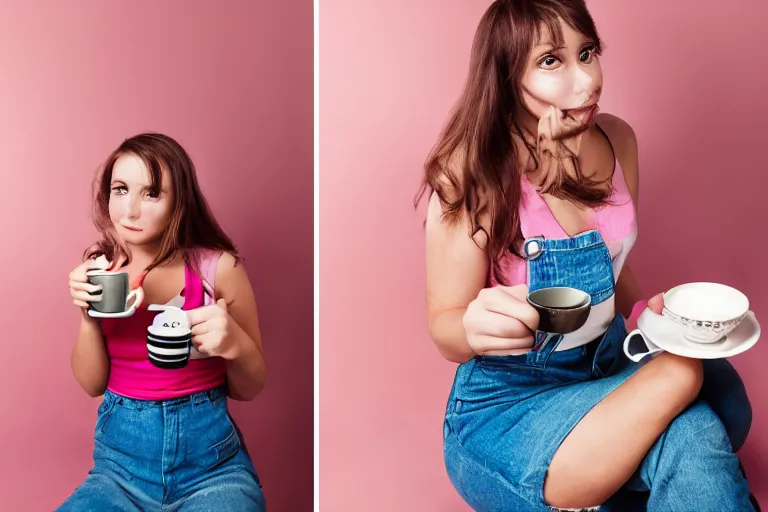 Image similar to girl on a date with pepe the frog drinking coffee, 8 0 s style, studio photo, natural lighting