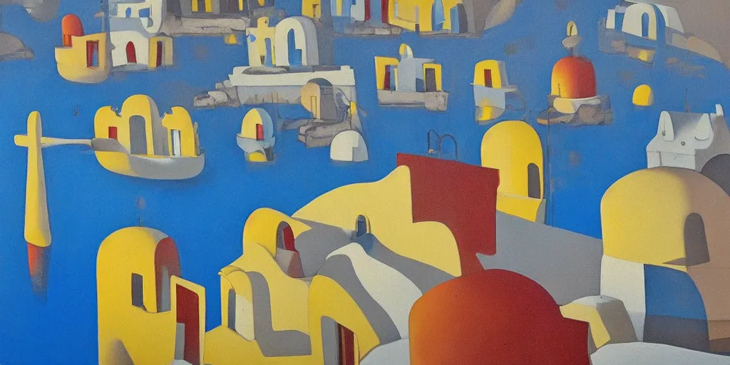 Prompt: abstract houses like santorini by yves tanguy, antonio gaudi and vermeer, dramatic lighting, analogous complementary colour scheme, vivid colours