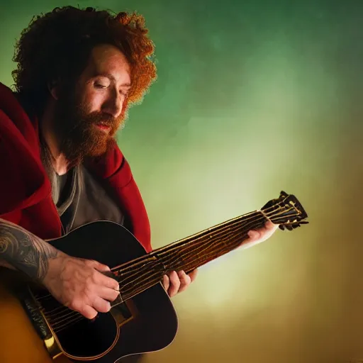 Prompt: side profile of a rugged man with curly red hair wearing a green cloak playing a guitar portrait, atmospheric lighting, painted, intricate, volumetric lighting, beautiful, rich deep colours masterpiece, golden hour, sharp focus, ultra detailed, by leesha hannigan, ross tran, thierry doizon, kai carpenter, ignacio fernandez rios