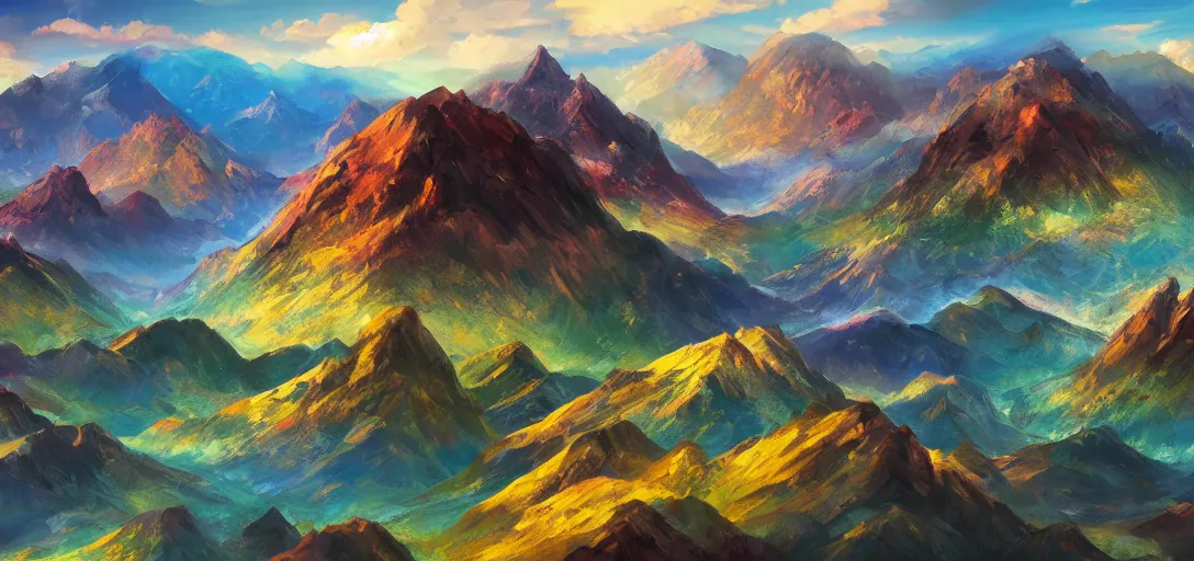 Image similar to vast mountain landscape, craggy mountains, magic the gathering, three - colors, three - color color palette, panoramic, wide angle, horizon, highly detailed