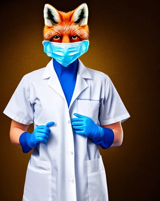 Image similar to photorealistic photo of anthropomorphic female fox animal dressed in labcoat, surgical mask covering mouth, putting on surgical gloves, fox animal, hospital in background, oil painting, 8 5 mm f / 1. 4