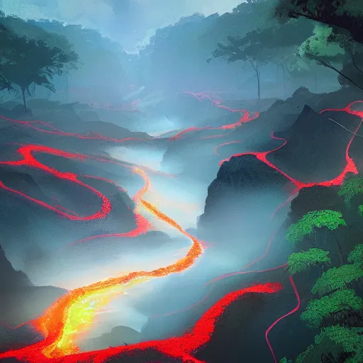 Image similar to A lava river flowing through the amazon jungle, anato finnstark, artstation, dramatic
