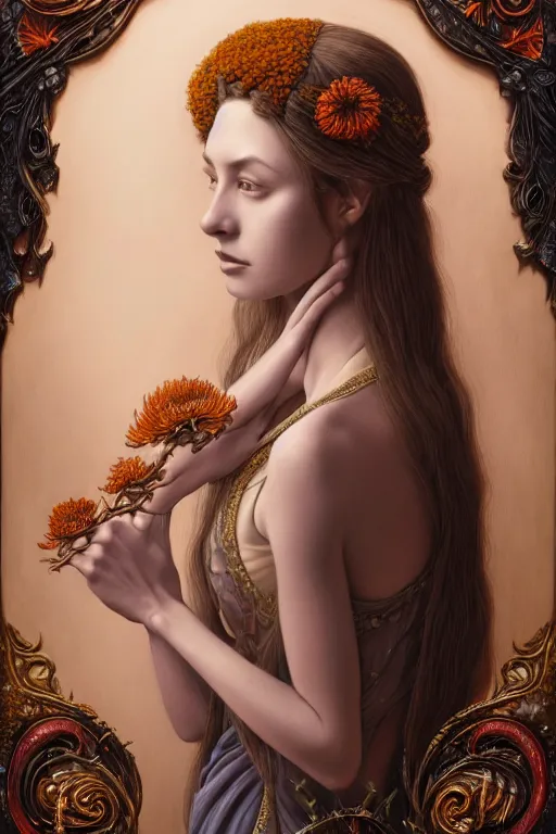 Prompt: portrait of a young female wizard in flowing sensual dress, arrogant, long fine flowing hair, delicate, looking at camera, slight nerdy awkward smile, realistic face, stylish, elegant, grimdark fantasy, flowers, extremely detailed painting inspired by Gerald Brom and Ernst Haeckel and Carvaggio , studio lighting