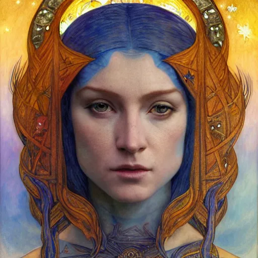 Image similar to queen of the moon with stars in her hair, by annie swynnerton and tino rodriguez and donato giancola and nicholas roerich and jean delville and diego rivera and charlie bowater, dramatic lighting, god rays, geometric tattoos, rich colors, smooth sharp focus, extremely detailed, adolf wolfli
