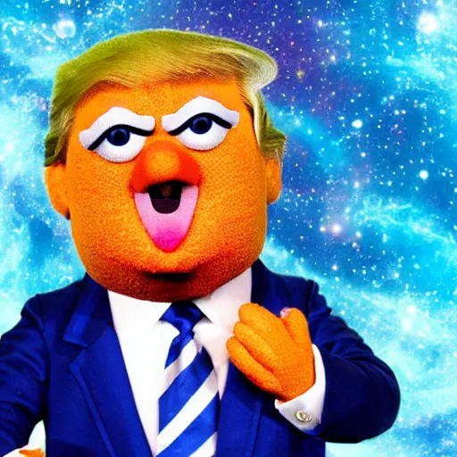 Prompt: Photo of a muppet of Donald-Trump in a nebula