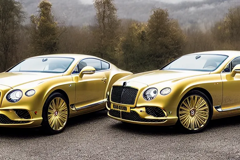 Image similar to Bentley Continental GT in shiny gold film drives along old Russian village road with houses houses around the edges