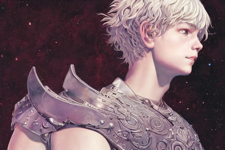 Image similar to portrait of cute young maiden boy with short white hairs in warhammer armor, art by ( ( ( kuvshinov ilya ) ) ) and wayne barlowe and gustav klimt and artgerm and wlop