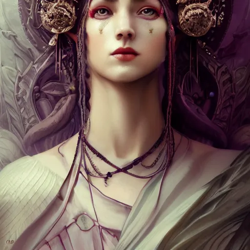 Image similar to picture generation, soft painting curiosities ornamentsl, beautiful female anthropomorphic warrior in full long dress, accurate features, focus, very intricate ultrafine details, black white purple volumetric clouds, award winning masterpiece, octane render 8 k hd, tom bagshaw artstyle, fantasy forest