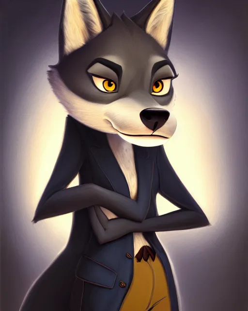 Image similar to oil painting of anthromorphic female wolf, in style of cory loftis, fursona, furry, furaffinity, 4 k, deviantart, furry art, fursona art, wearing black business suit, business suit, in style of zootopia, wolf fursona, cyberpunk, female, very very very expressive detailed feminine face,