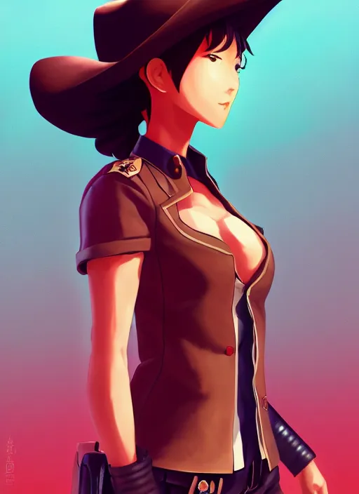 Image similar to full size persona, female sheriff, detail, ultra sharpness, beautiful female, detailed face, art by huyy nguyen, style by cain kuga, cowboy bebop art style, 3 2 beautiful color palettes with their corresponding gradient