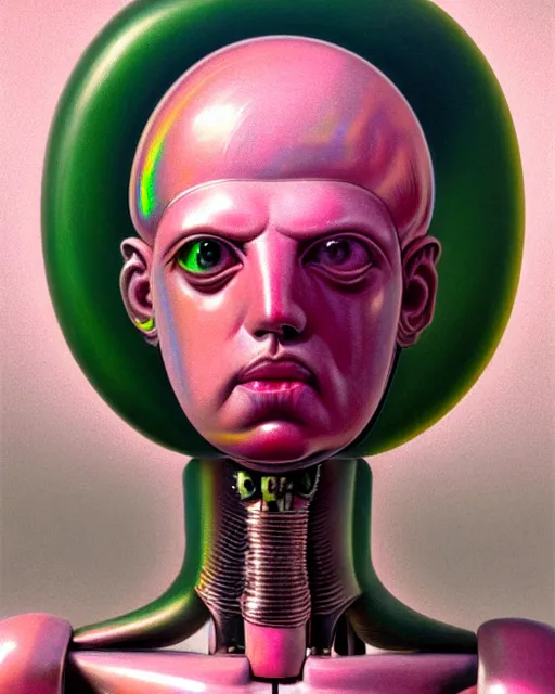 Prompt: hyperrealistic hyperdetailed neoclassical mechanical iridescent pink cute humanoid winking concept art santiago caruso de chirico sharp very dramatic green light 8k low angle shallow depth of field