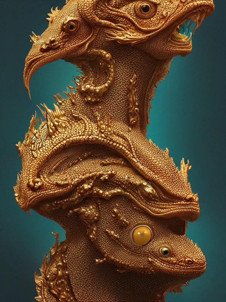 Image similar to close-up portrait dragon head, 3d composition, mucha, New art nouveau, gold betta fish, bioluminescent, intricate artwork by Tooth Wu and wlop and beeple. octane render, trending on artstation, greg rutkowski very coherent symmetrical artwork. cinematic, hyper realism, high detail, octane render, black studio background, 8k