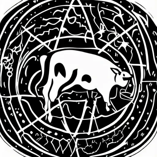 Image similar to the devil, cow, pig, sheep, chicken, summoning circle, white on black vector ink drawing, demonic, diabolic, hostile