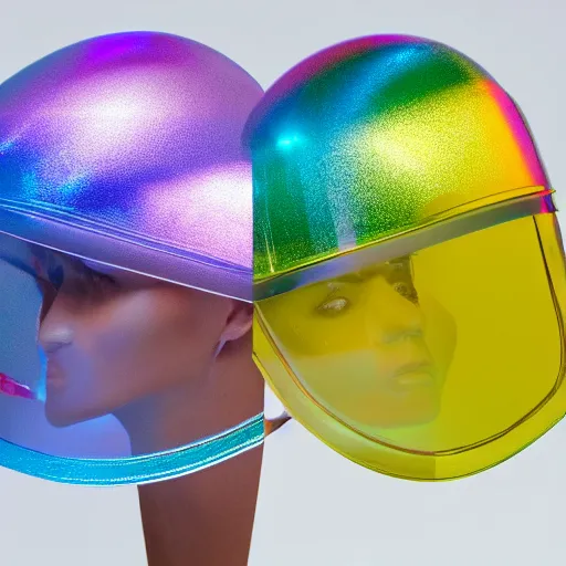 Prompt: an ultra high definition professional studio quality photograph of a transparent iridescent perspex pastel coloured ( face ) visor and matching raincoat on a white coat hook in an empty white room. dramatic lighting, ray tracing, refraction, shallow d. o. f, colour corrected, golden ratio, three point light. volumetric shadows. light rays.