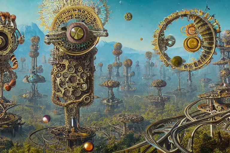 Image similar to a surreal and awe - inspiring science fiction planet overrun with fidget spinners, intricate, ornate, highly detailed fidget spinners, matte painting by ernst haeckel and simon stalenhag