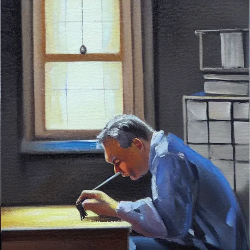 Image similar to viktor orban soldering in a cubicle, oil painting