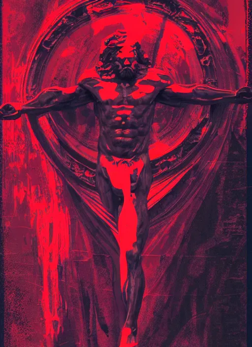 Image similar to dark design poster showing a statue of poseidon, black background with very subtle red and purple design elements, powerful, nekro, vito acconci, thin straight lines, dark, glitch art, neo vaporwave, gritty, layout frame, square, trending on artstation