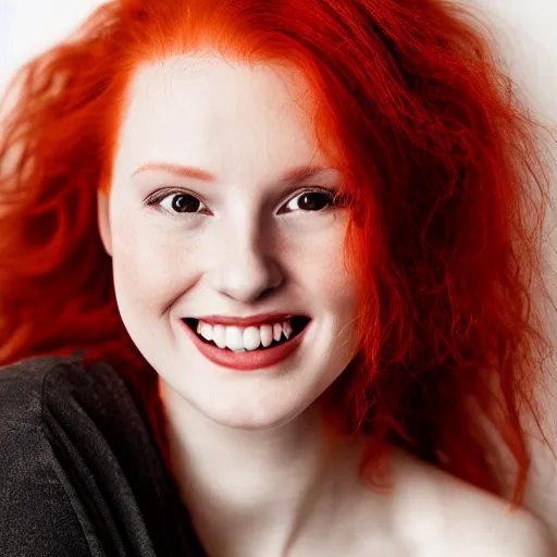 Prompt: artistic photo of a young beautiful woman with red hair looking at the camera, smiling slightly, studio lighting, award winning photo by Annie Liebowitz