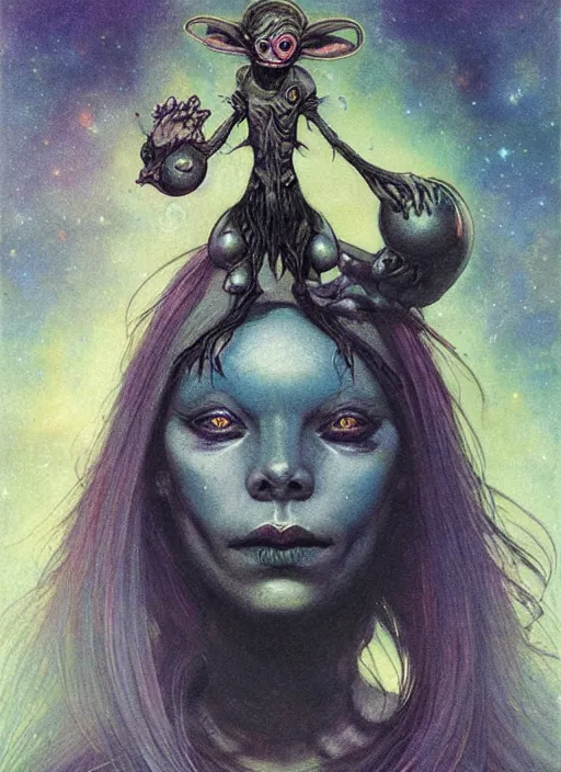 Prompt: portrait of female space goblin, night sky background, beautiful! coherent! by brom, by brian froud, deep color, strong line, high contrast